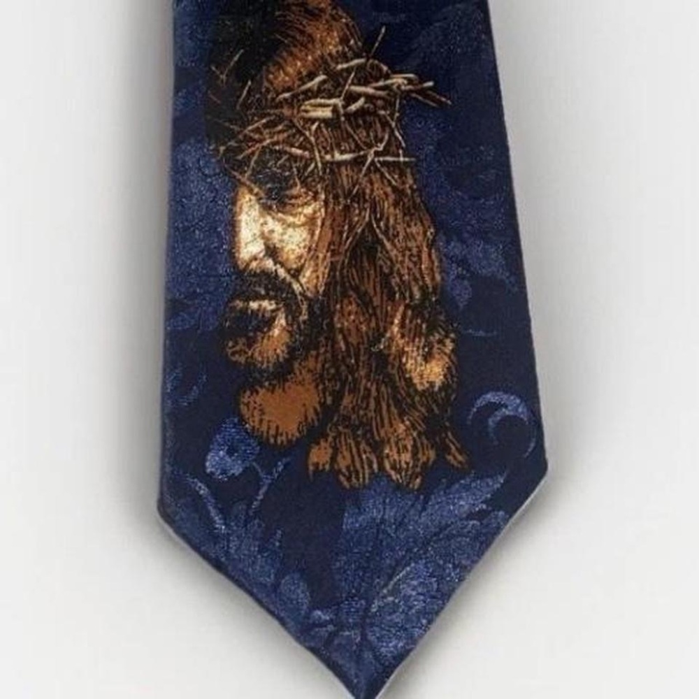 VINTAGE A. Rogers Religious Necktie - Jesus with Crown of Thorns & Red Cross